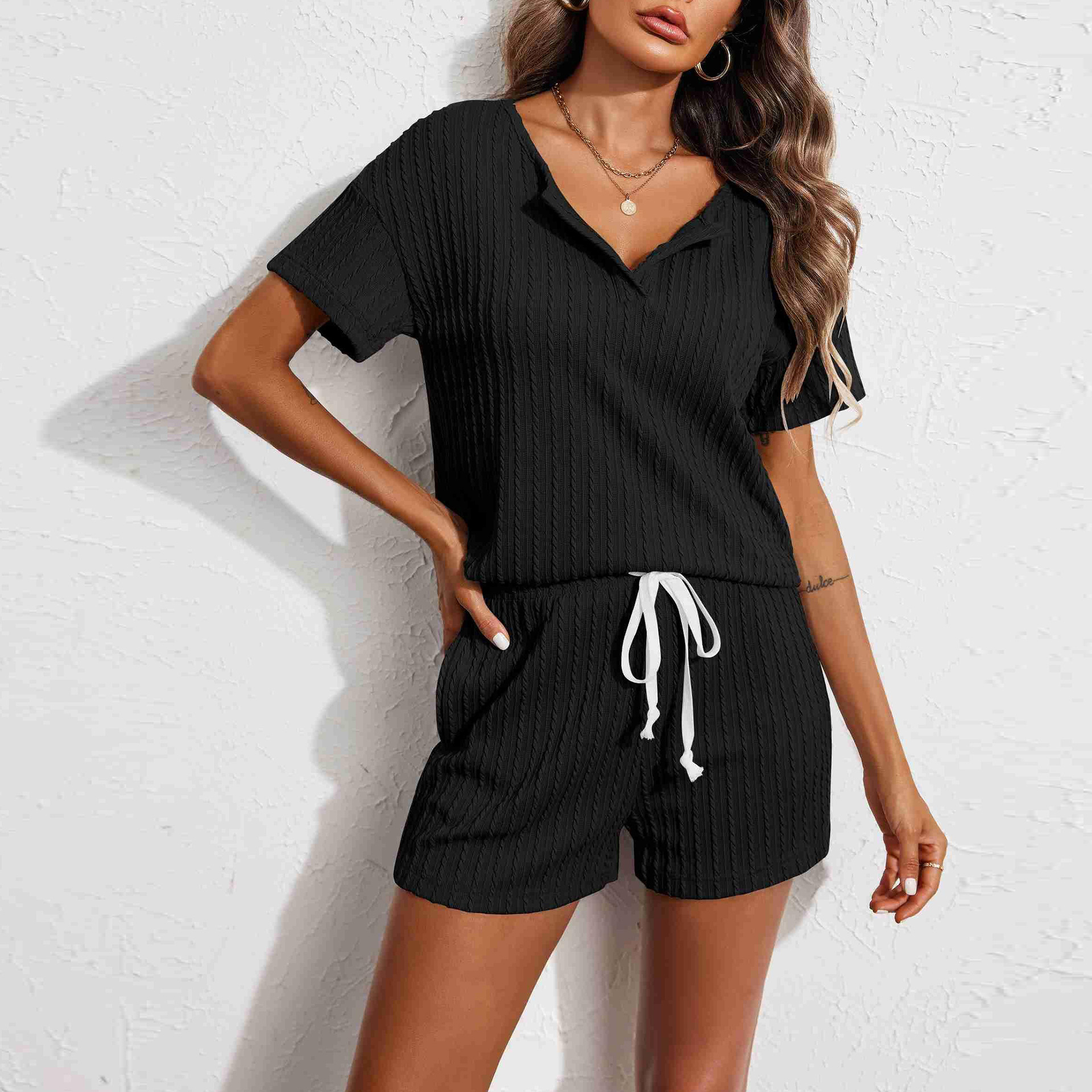 Womens Cable Knit Romper With Short Sleeve And Drawstring Waist